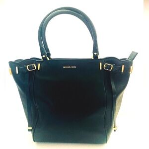 Michael Kors Amelia Black Leather Tote with Strap Scalloped Edges Gold Accents